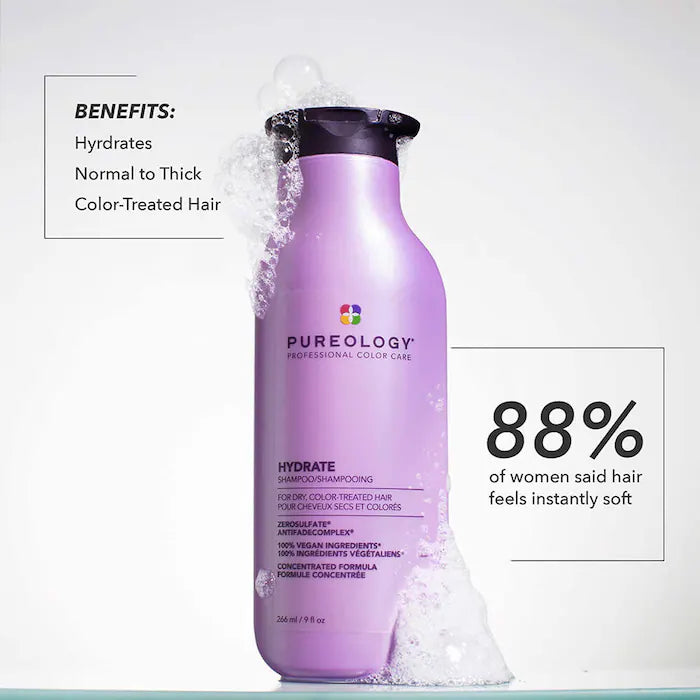 Pureology - Hydrate - Shampoo - For Dry, Color-Treated Hair - 100% Vegan - Sulfate Free