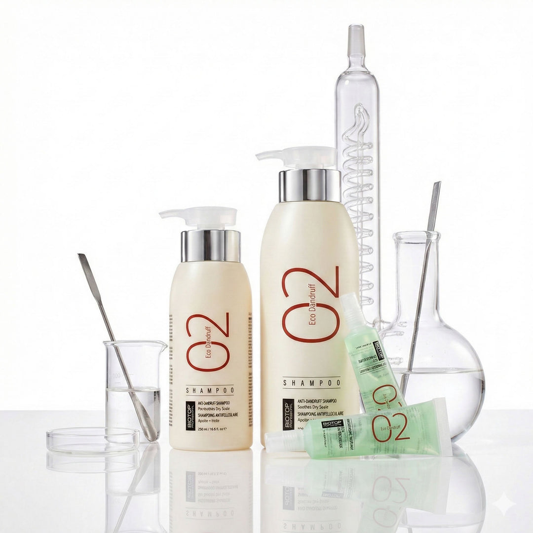Biotop 02 Eco Dandruff Shampoo - bottles in a lab setting