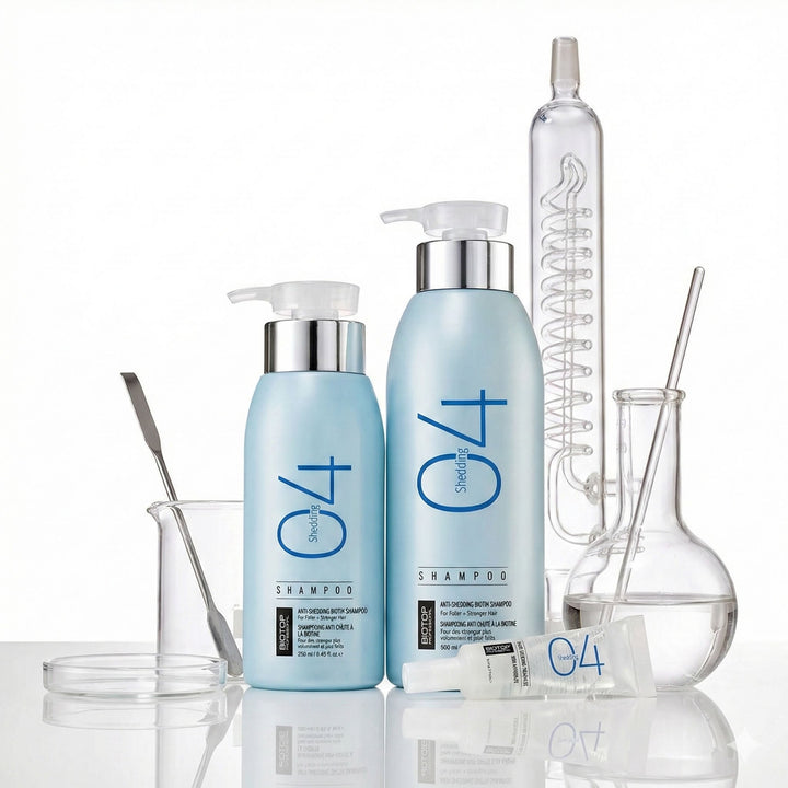 Biotop 04 Shedding Shampoo - bottles in a lab setting
