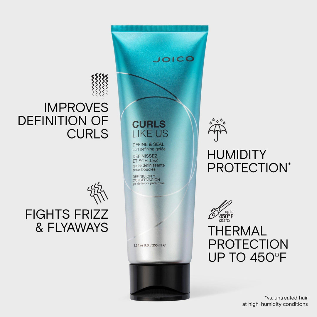 Joico Curls Like Us Define & Seal Curl Defining Gelée - benefits: curl definition, humidity protection, thermal protection up to 450°F