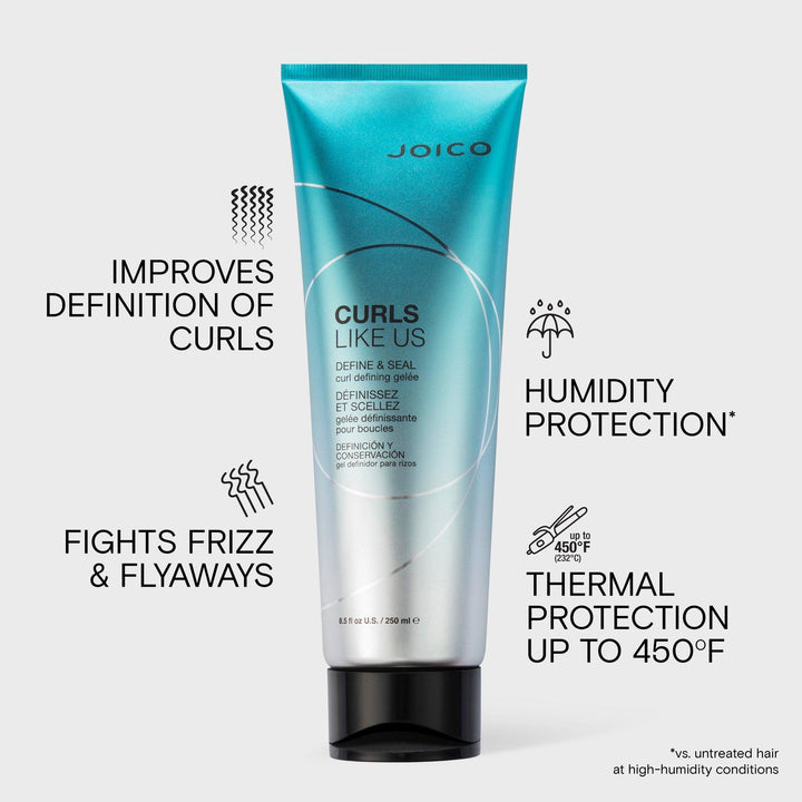 Joico Curls Like Us Define & Seal Curl Defining Gelée - benefits: curl definition, humidity protection, thermal protection up to 450°F