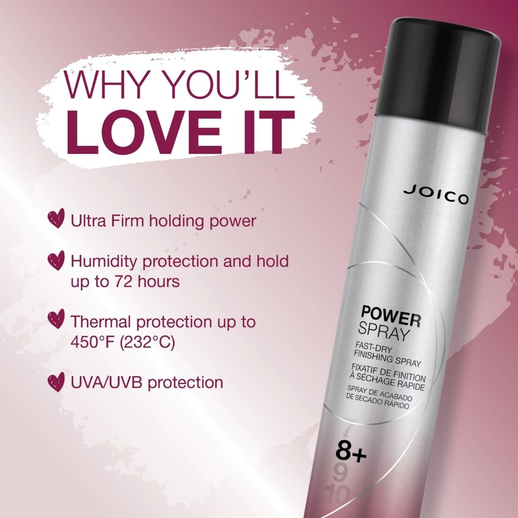 Joico Power Spray Fast-Dry Finishing Spray - benefits: ultra-firm hold, 72-hour humidity protection, thermal protection up to 450°F, UVA/UVB protection