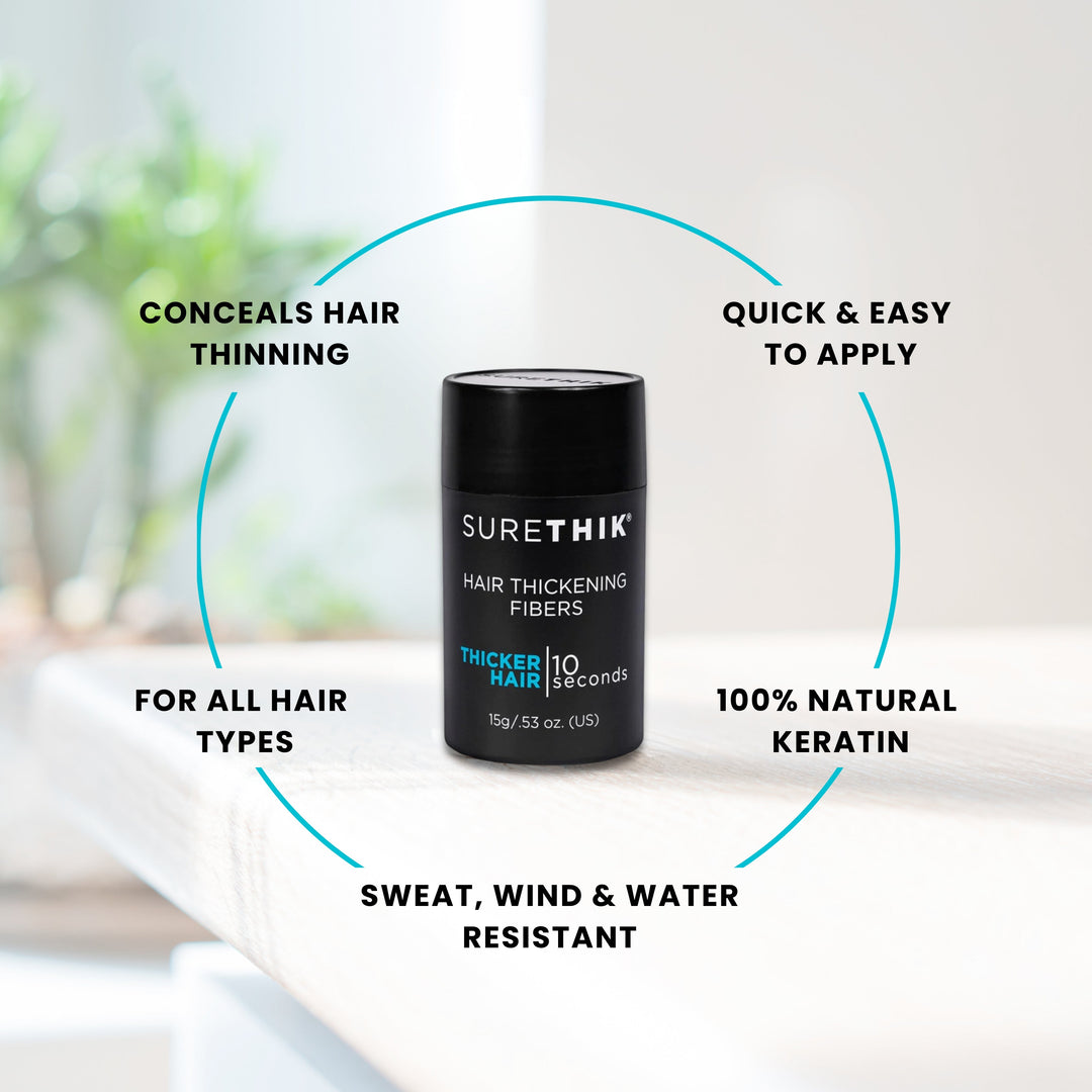 SureThik Hair Thickening Fibers - benefits: conceals thinning, quick to apply, sweat wind and water resistant, keratin
