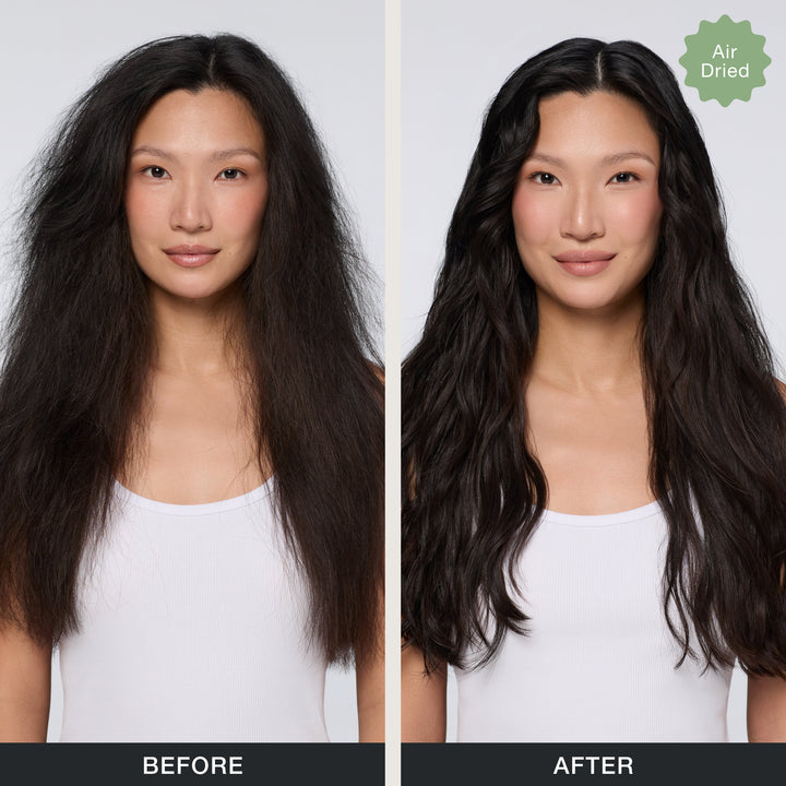 Before and after 3-Day No Frizz Spray on air-dried hair