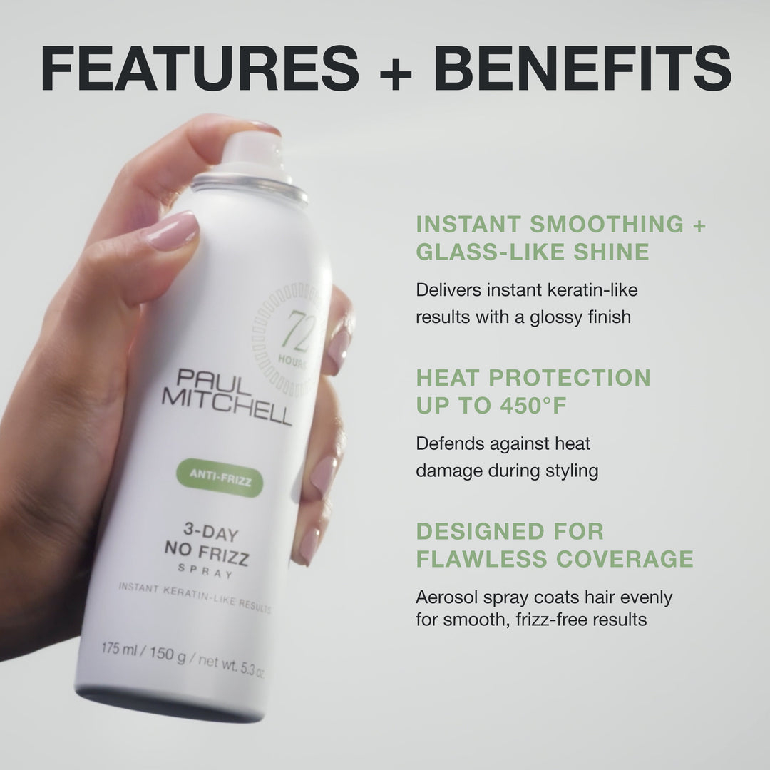 3-Day No Frizz Spray features: instant smoothing, glass-like shine and heat protection