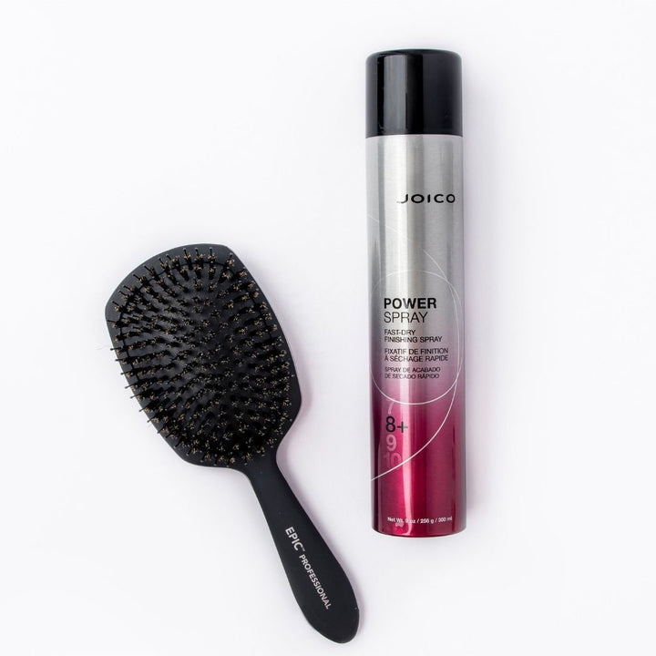 Joico Power Spray Fast-Dry Finishing Spray - lifestyle with paddle brush