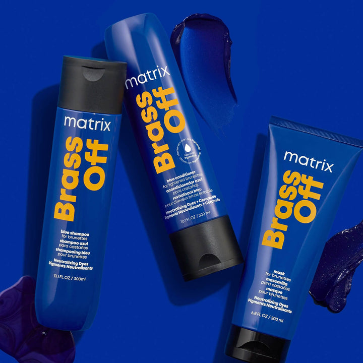 Matrix Brass Off Shampoo - Brass Off blue shampoo, conditioner and mask with product textures