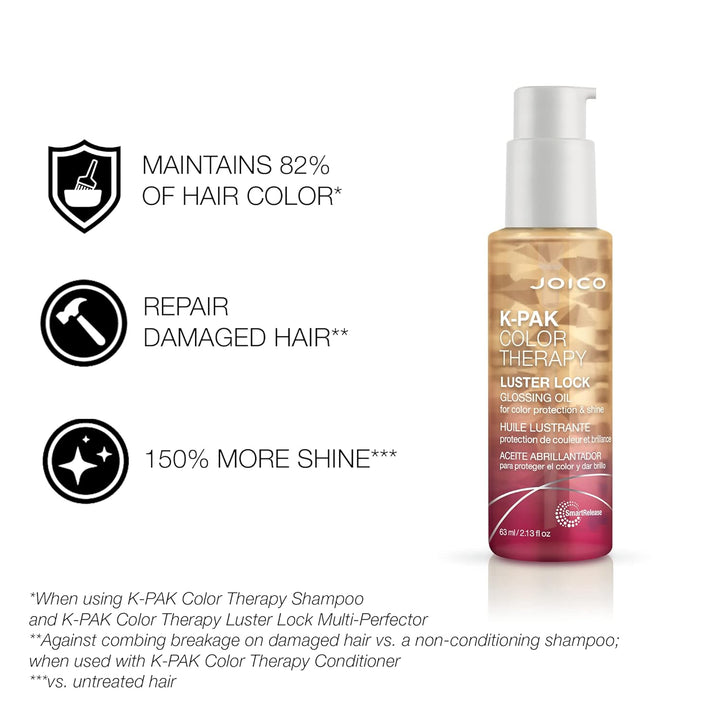Joico K-PAK Color Therapy Luster Lock Glossing Oil - benefits: maintains 82% of hair color, repairs damaged hair, 150% more shine
