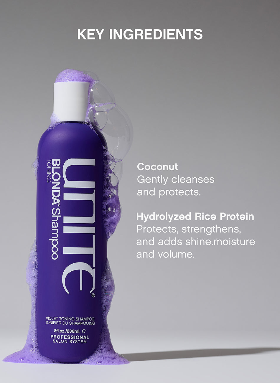 Unite Blonda Toning Shampoo - key ingredients, coconut and hydrolyzed rice protein