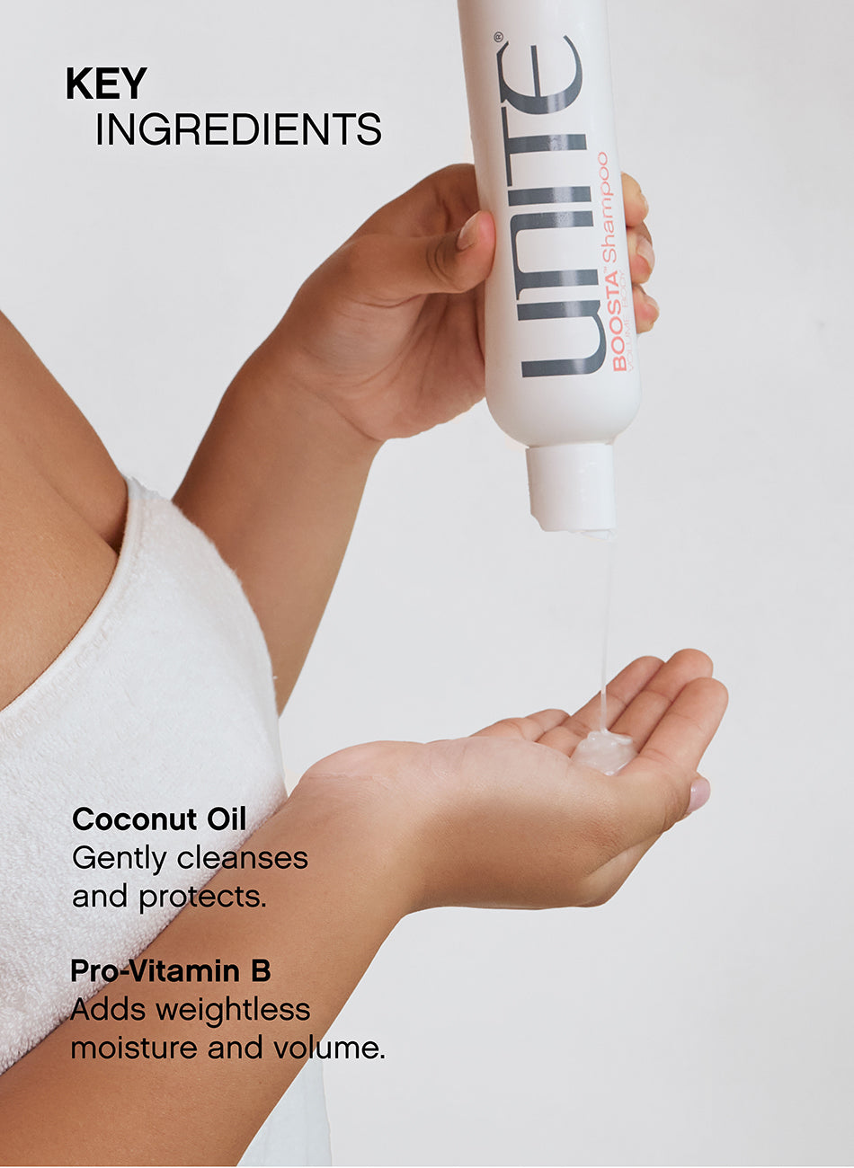 Unite Boosta Shampoo - key ingredients: coconut oil and pro-vitamin B