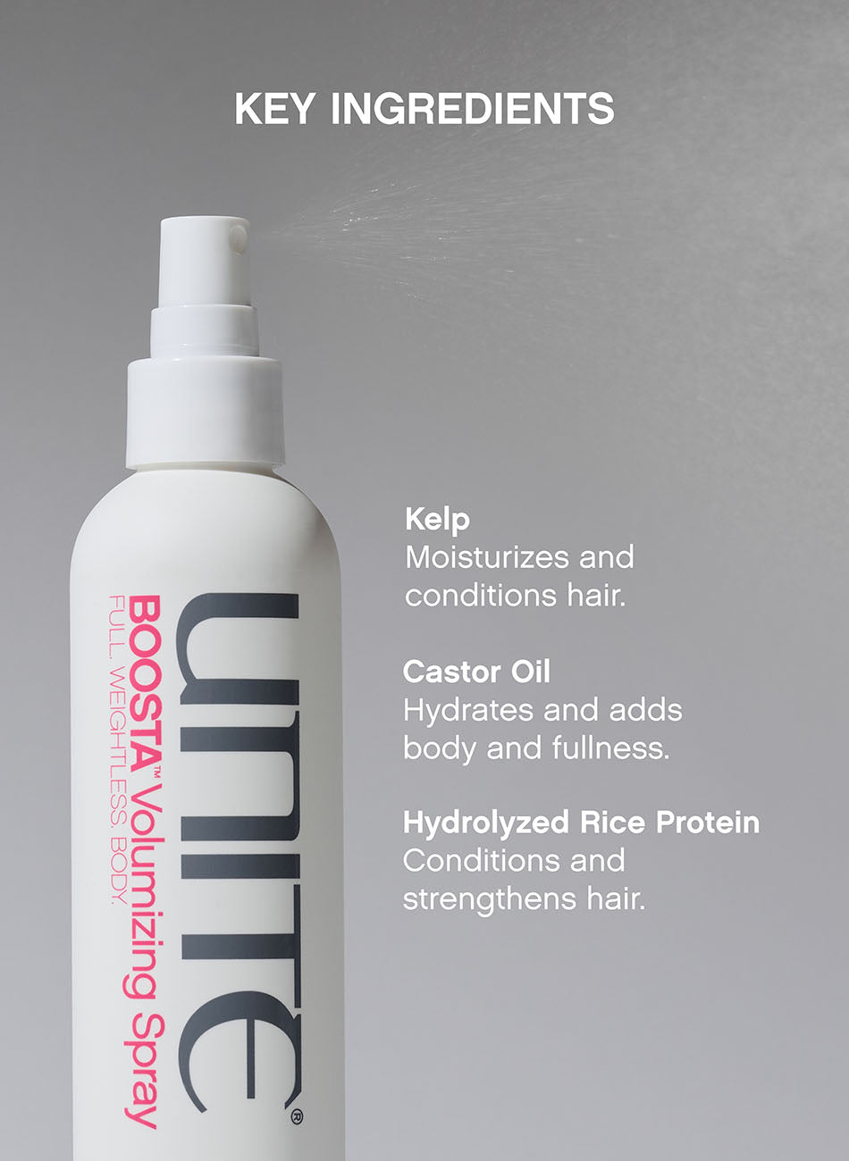 Unite Boosta Volumizing Spray - key ingredients: kelp, castor oil, hydrolyzed rice protein