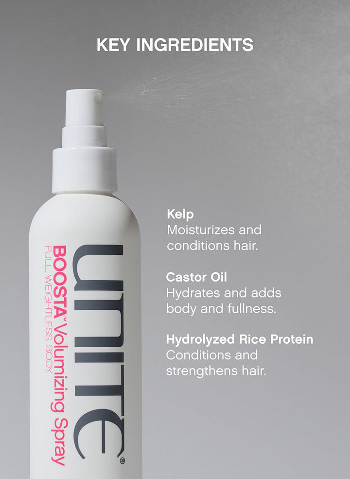 Unite Boosta Volumizing Spray - key ingredients: kelp, castor oil, hydrolyzed rice protein
