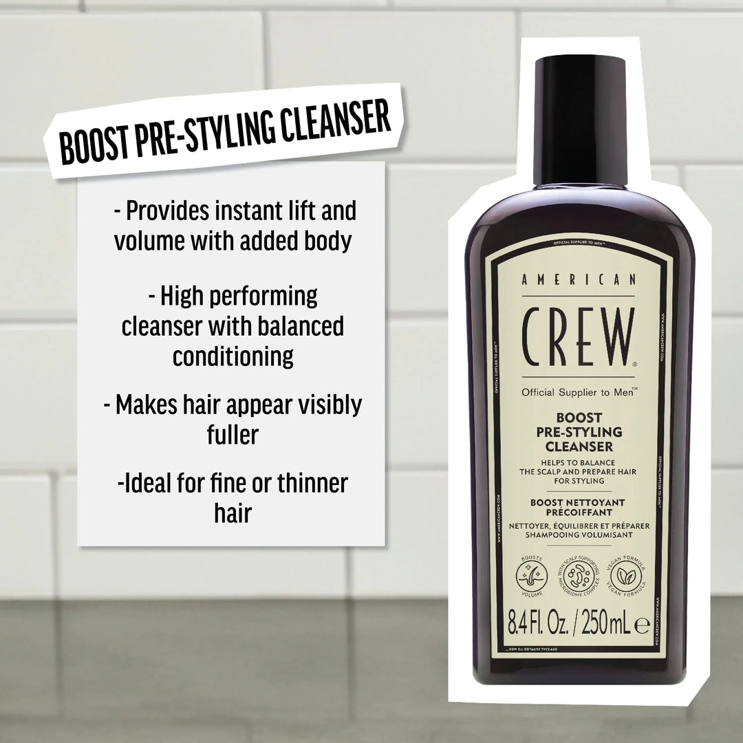 American Crew Boost Pre-Styling Shampoo - key benefits graphic