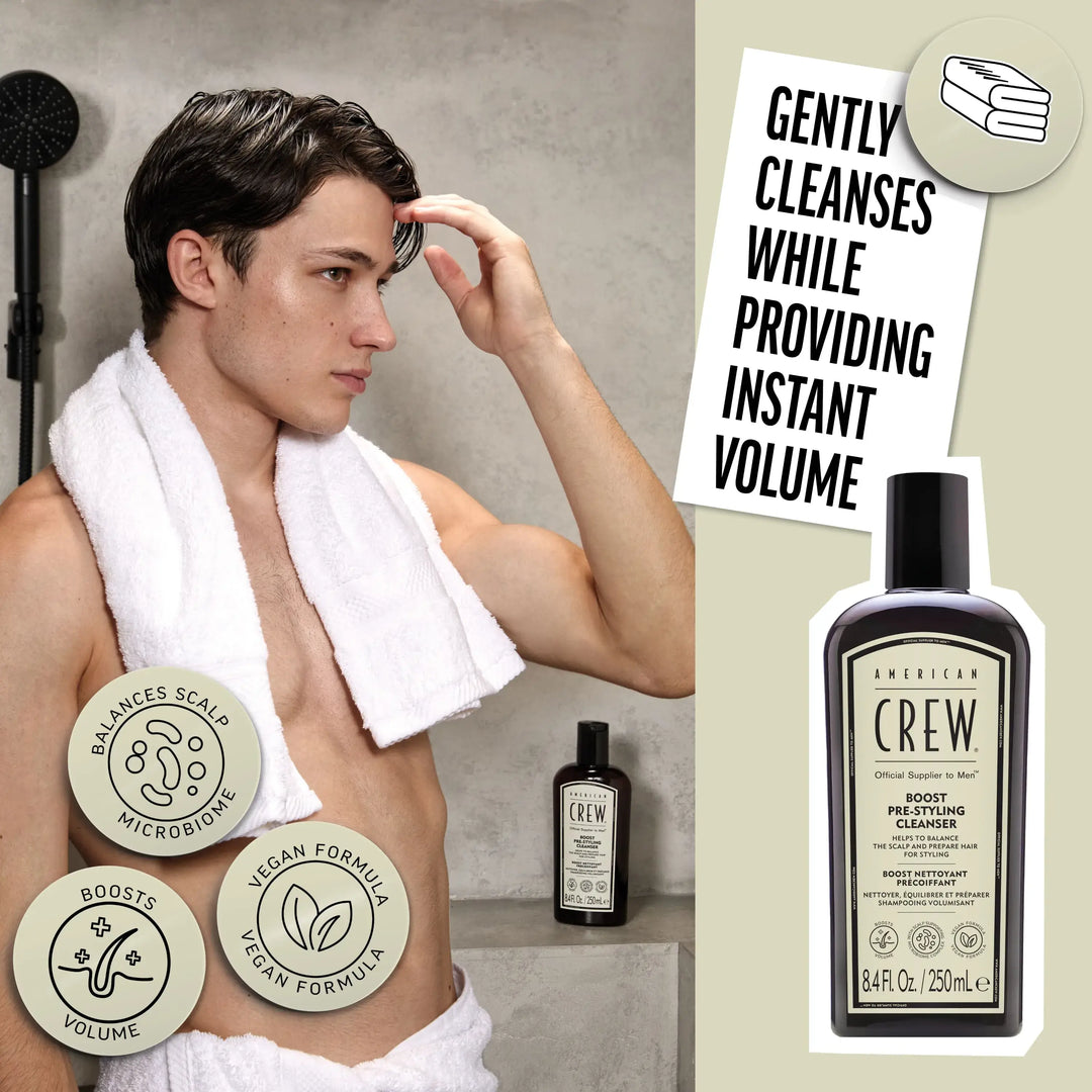 American Crew Boost Pre-Styling Shampoo - lifestyle, gently cleanses while providing instant volume