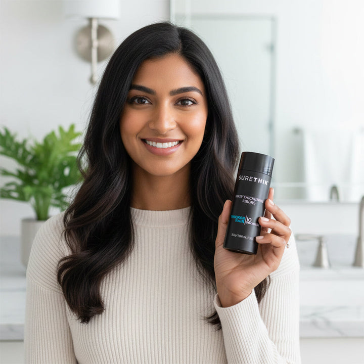SureThik Hair Thickening Fibers - model holding the 30 g bottle