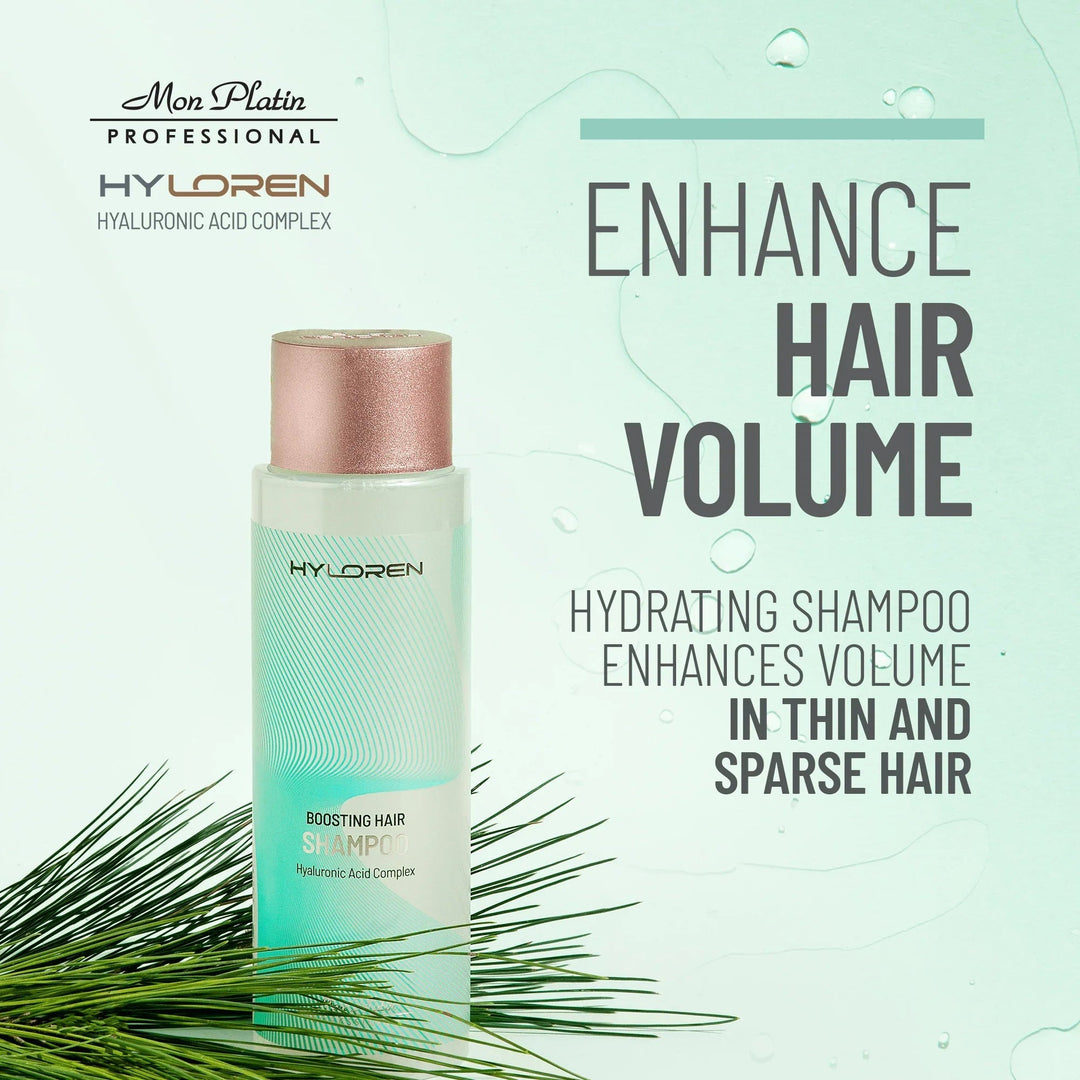 Mon Platin Hyloren Boosting Hair Shampoo - bottle styled with greenery, enhances hair volume