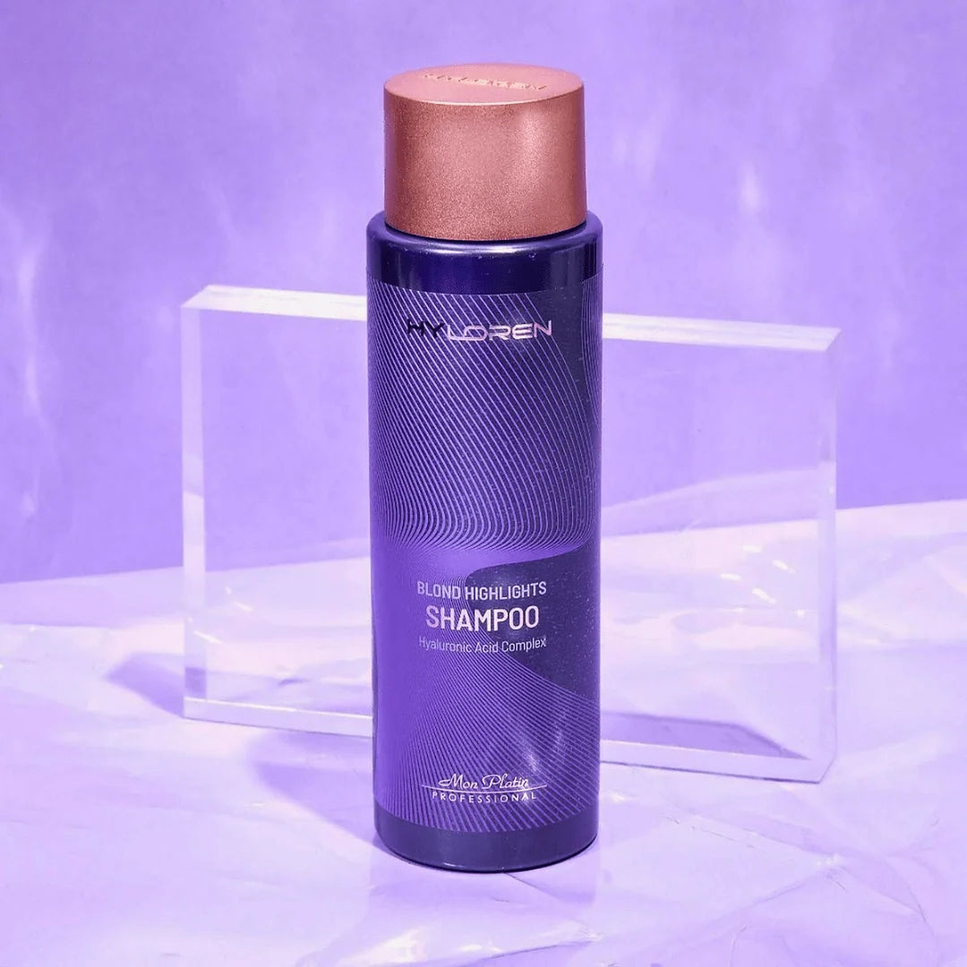 Mon Platin Hyloren Blonde Highlights Shampoo - bottle styled on purple acrylic