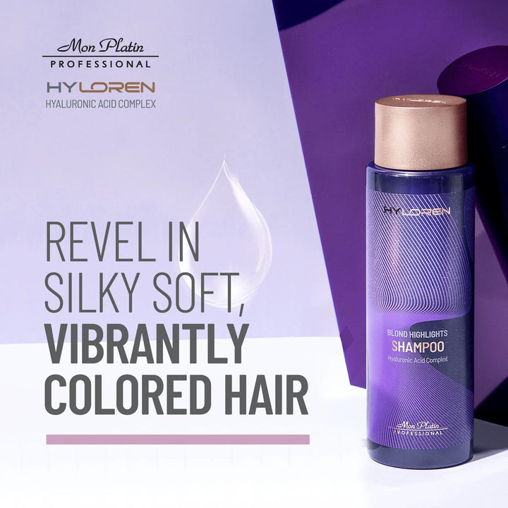 Mon Platin Hyloren Blonde Highlights Shampoo - bottle styled in purple light, silky soft colored hair