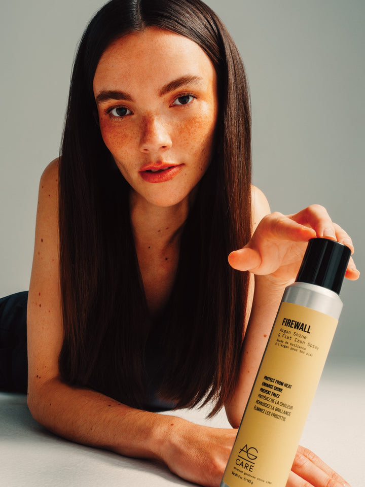 AG Firewall Argan Shine & Flat Iron Spray - model with sleek straight hair