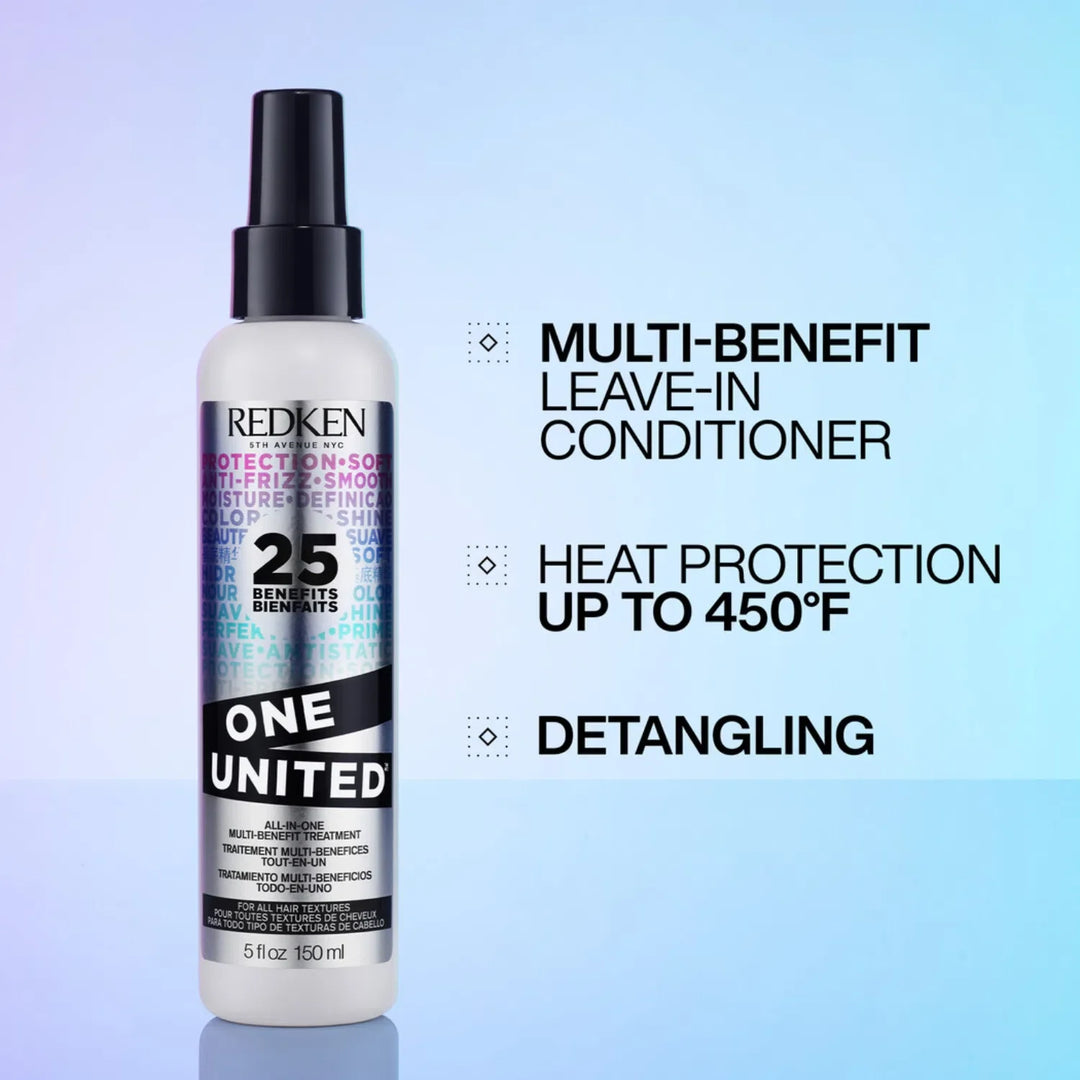 Redken One United - benefits: multi-benefit leave-in conditioner, heat protection up to 450F, detangling