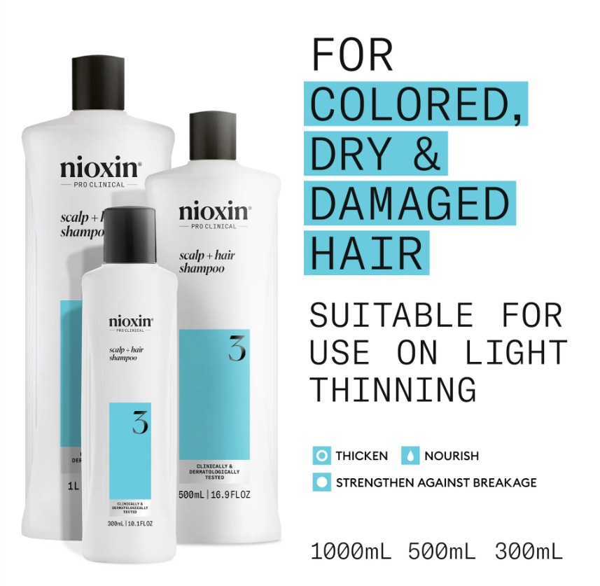 Nioxin 3 - Scalp + Hair Shampoo - Colored/Dry/Damaged Hair Shampoo for Light Thinning