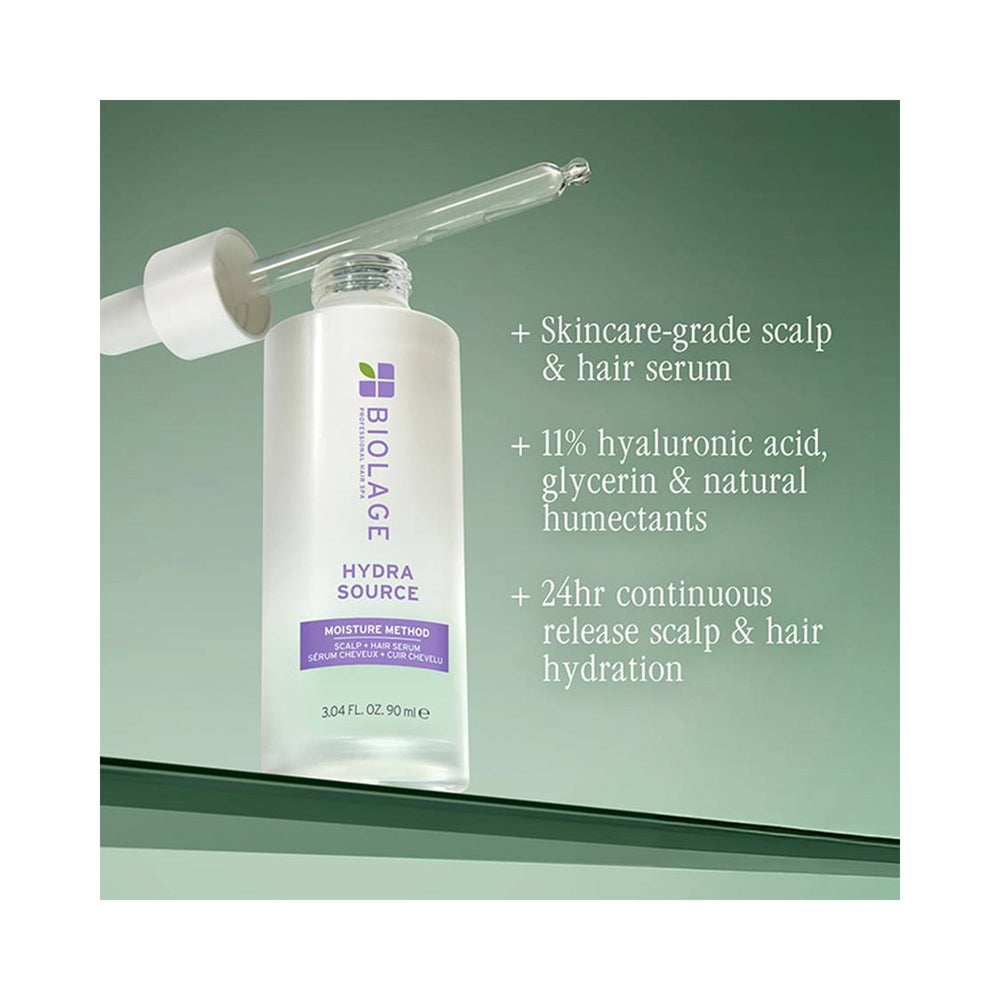 Biolage Hydra Source Moisture Method Scalp + Hair Serum - hyaluronic acid and 24-hour hydration claims