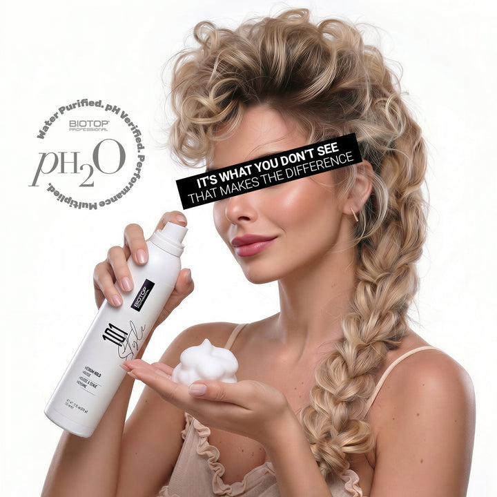 Biotop 101 Create Medium Hold Mousse - model applying the mousse