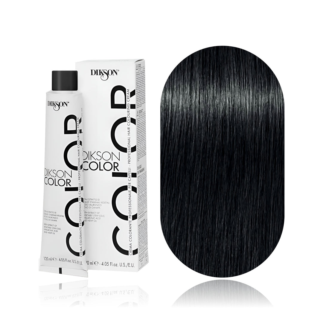 Dikson Color 1.0 Black permanent hair color tube, box and hair swatch