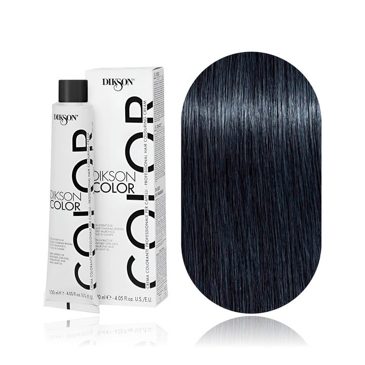Dikson Color 1.11 Black Blue permanent hair color tube, box and hair swatch