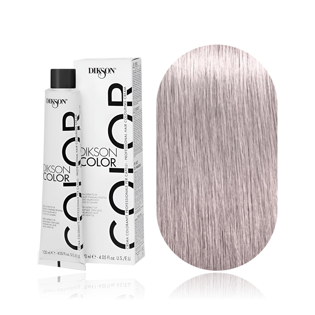 Dikson Color 10.02 Blonde Platinum Light Violet Pastel permanent hair color tube, box and hair swatch
