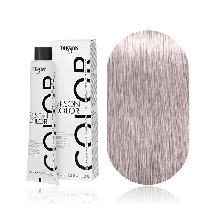 Dikson Color 10.02 Blonde Platinum Light Violet Pastel permanent hair color tube, box and hair swatch