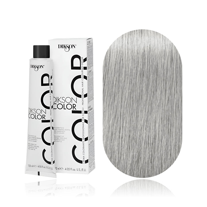 Dikson Color 10.1 Blonde Platinum Light Ash permanent hair color tube, box and hair swatch