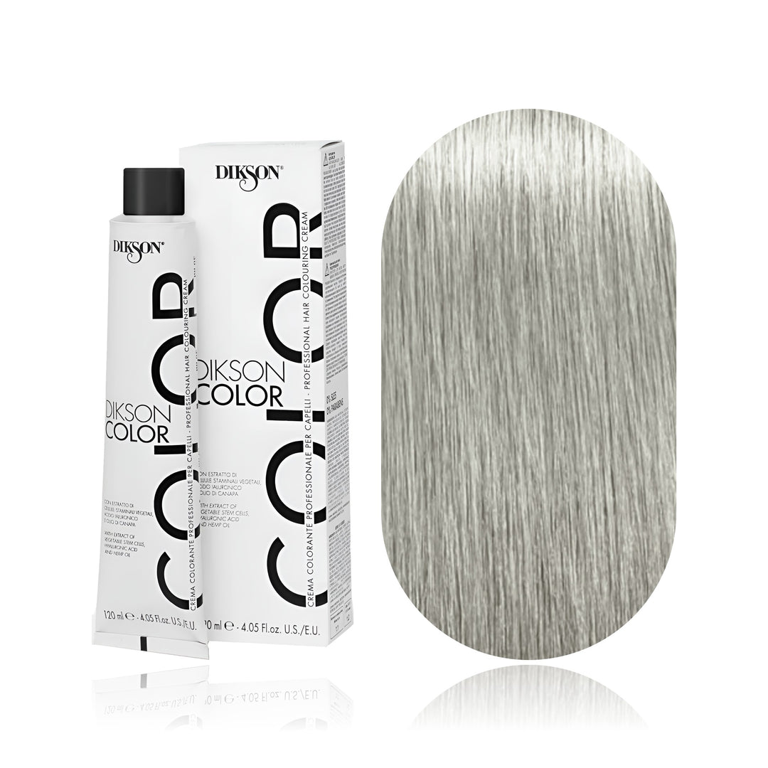 Dikson Color 10.11 Blonde Platinum Light Intense Ash permanent hair color tube, box and hair swatch