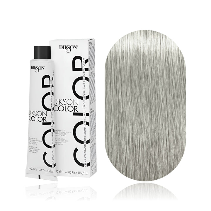 Dikson Color 10.11 Blonde Platinum Light Intense Ash permanent hair color tube, box and hair swatch