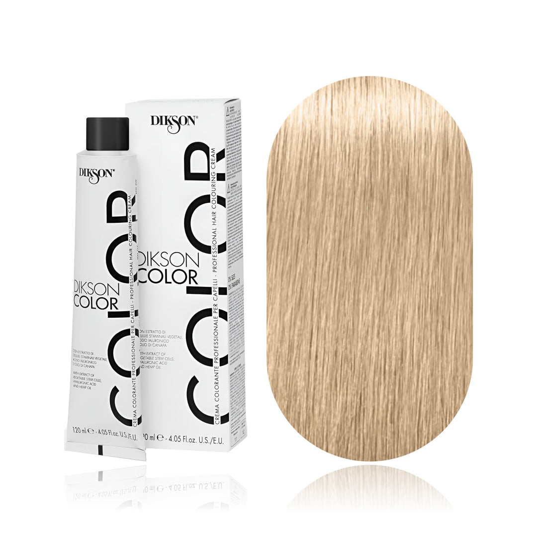 Dikson Color 10.3 Blonde Platinum Light Golden permanent hair color tube, box and hair swatch