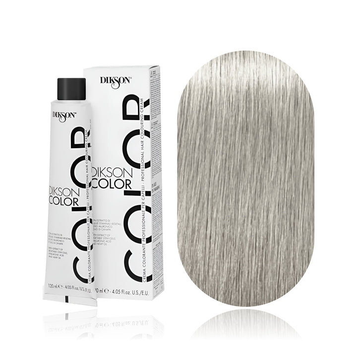 Dikson Color 10 Blonde Platinum Light Cold permanent hair color tube, box and hair swatch