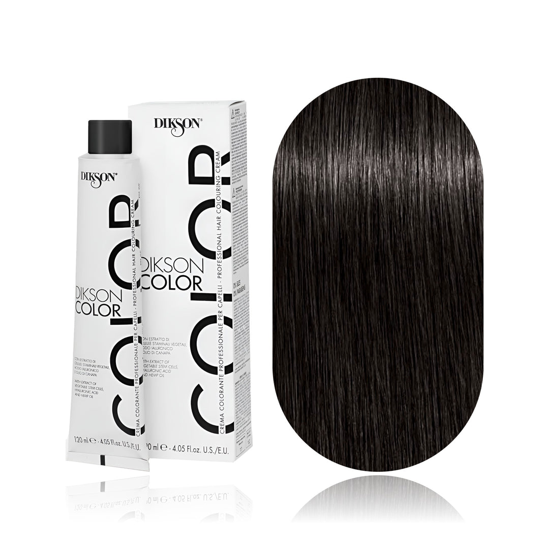 Dikson Color 4.00 Brown Extra permanent hair color tube, box and hair swatch