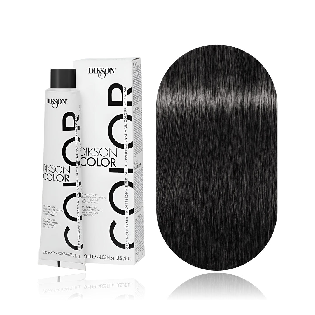 Dikson Color 4.11 Brown Intense Ash permanent hair color tube, box and hair swatch