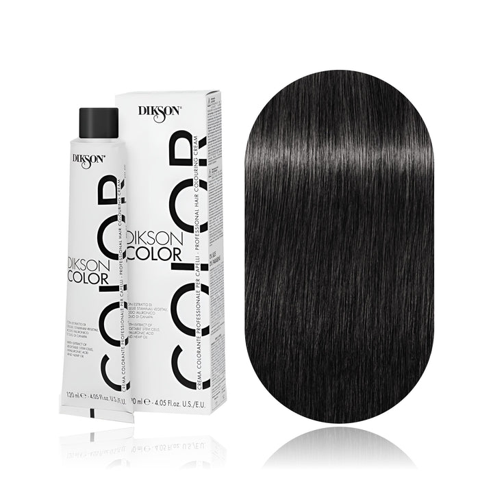 Dikson Color 4.11 Brown Intense Ash permanent hair color tube, box and hair swatch