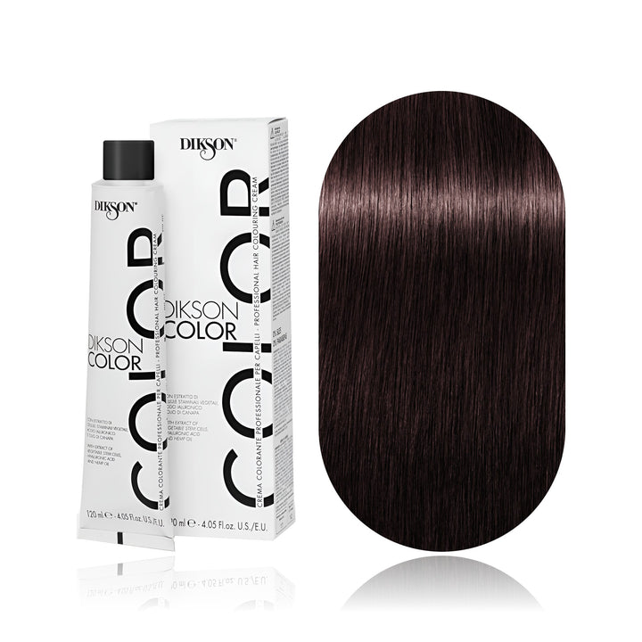 Dikson Color 4.5 Brown Mahogany permanent hair color tube, box and hair swatch