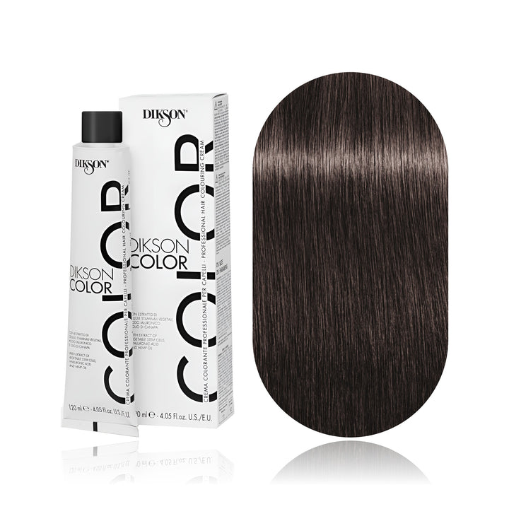 Dikson Color 4.72 Brown Chocolate permanent hair color tube, box and hair swatch
