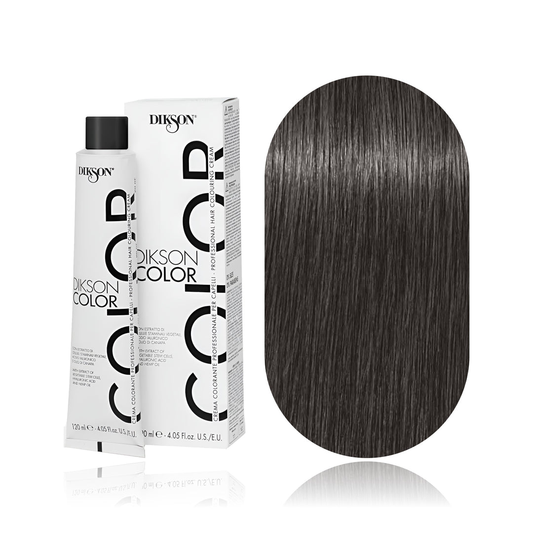 Dikson Color 4.8 Brown Matte permanent hair color tube, box and hair swatch