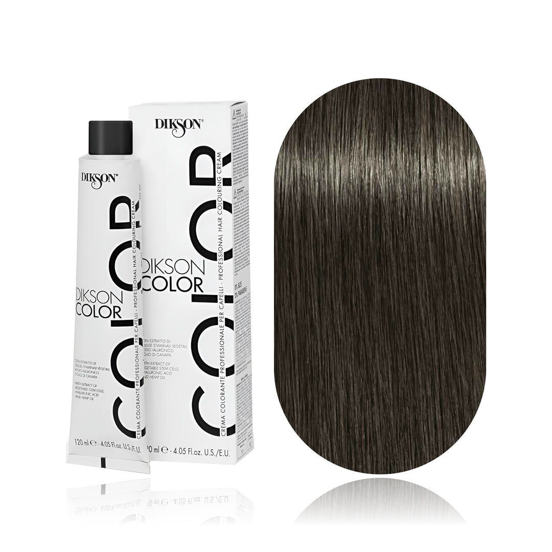 Dikson Color 5.1 Light Brown Ash permanent hair color tube, box and hair swatch