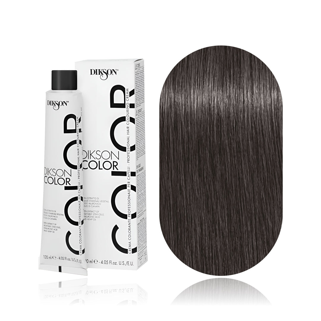 Dikson Color 5.11 Light Brown Intense Ash permanent hair color tube, box and hair swatch