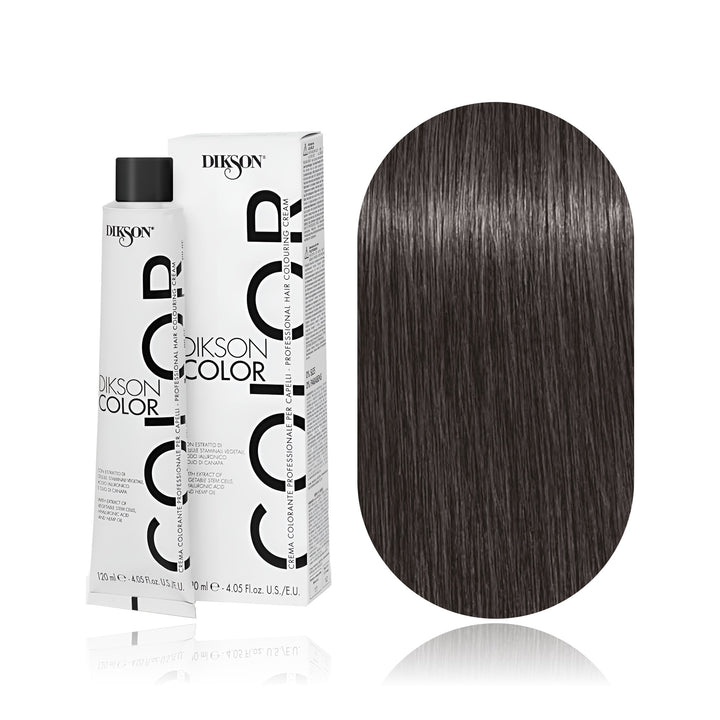 Dikson Color 5.11 Light Brown Intense Ash permanent hair color tube, box and hair swatch