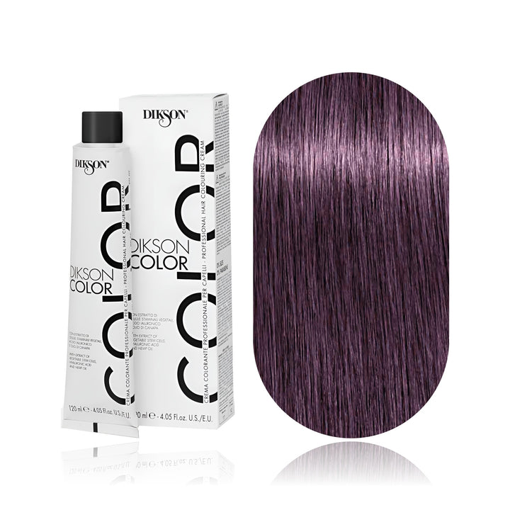 Dikson Color 5.22 Light Brown Intense Violet permanent hair color tube, box and hair swatch