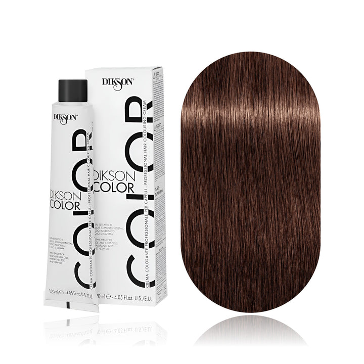 Dikson Color 5.4 Light Brown Copper permanent hair color tube, box and hair swatch