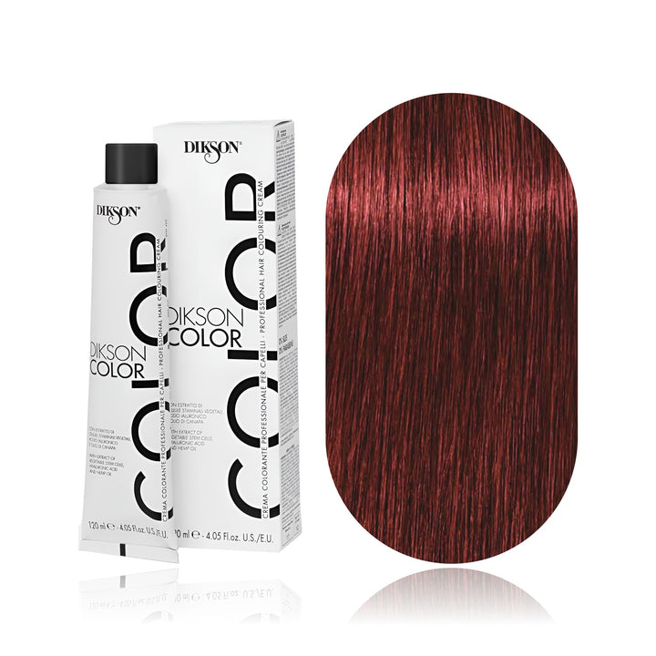Dikson Color 5.66 Light Brown Intense Red permanent hair color tube, box and hair swatch