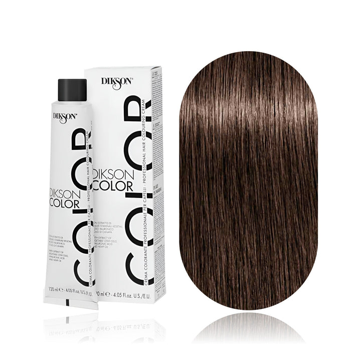 Dikson Color 5.7 Light Brown Brown permanent hair color tube, box and hair swatch