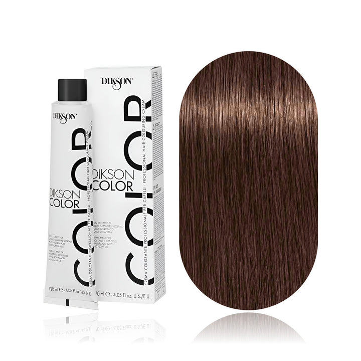 Dikson Color 5.73 Light Brown Tobacco permanent hair color tube, box and hair swatch